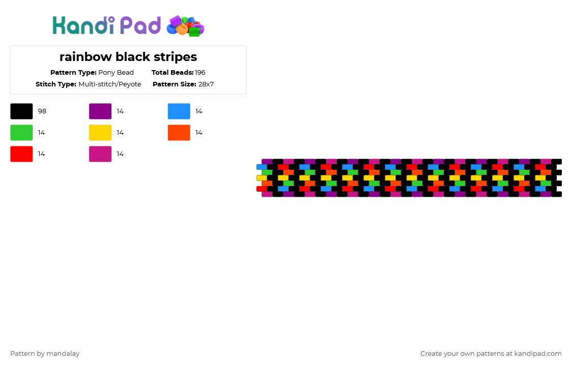 rainbow black stripes - Pony Bead Pattern by mandalay on Kandi Pad - black,pink,red