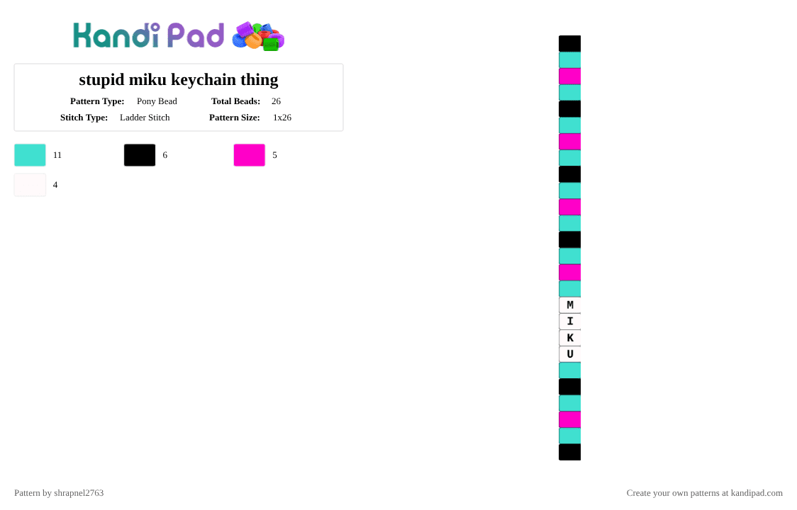 stupid miku keychain thing - Pony Bead Pattern by shrapnel2763 on Kandi Pad - light blue,pink,miku,hatsunemiku,keychain