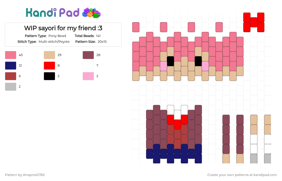 WIP sayori for my friend :3 - Pony Bead Pattern by shrapnel2763 on Kandi Pad - pink,sayori,ddlc,doll