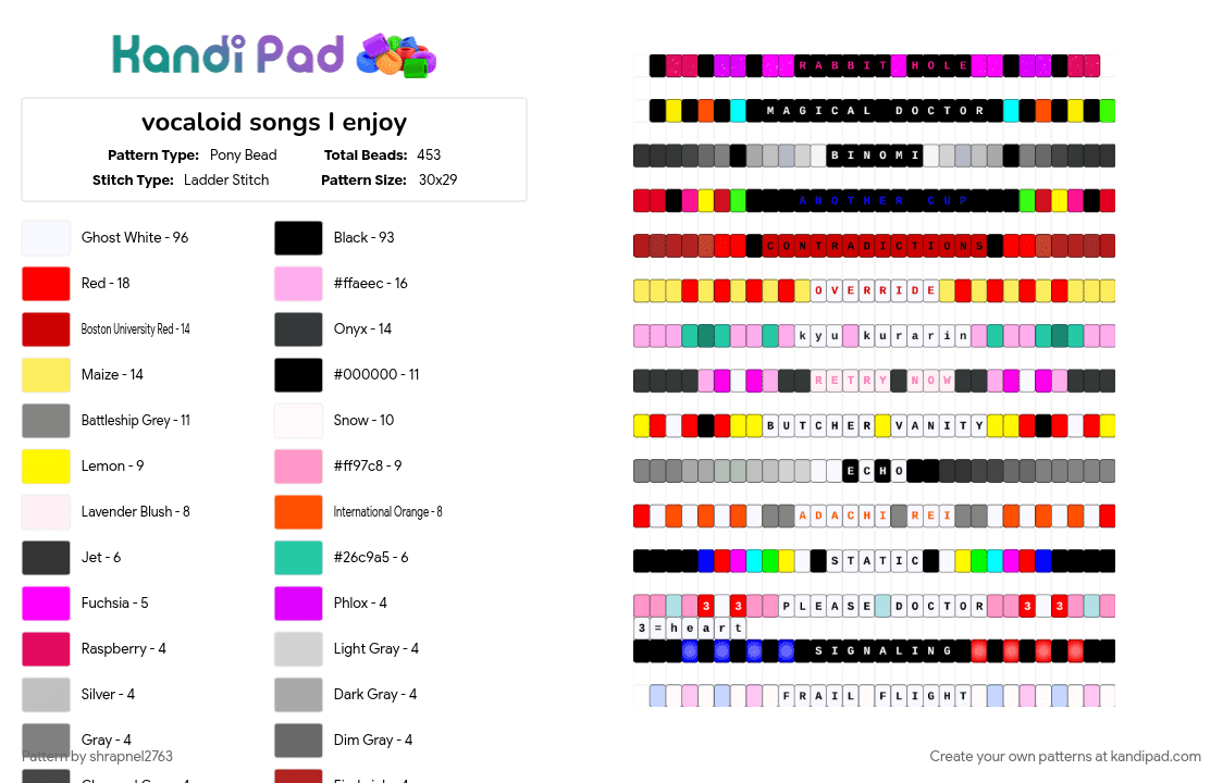 vocaloid songs I enjoy - Pony Bead Pattern by shrapnel2763 on Kandi Pad - colorful, gray, hatsune miku, kasane teto, miku, music, pink, red, singles, teto, vocaloid, vsynth, white