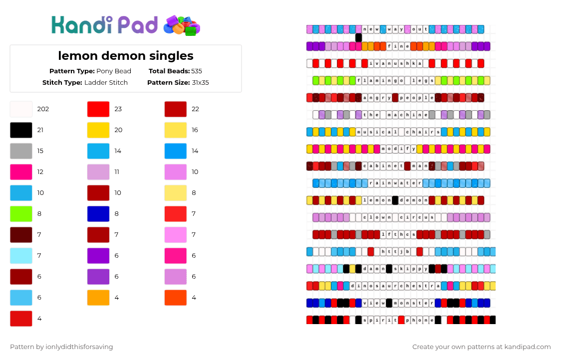 lemon demon singles - Pony Bead Pattern by shrapnel2763 on Kandi Pad - white,pink,light blue,red,colorful,lemon demon,lemondemon,music,singles