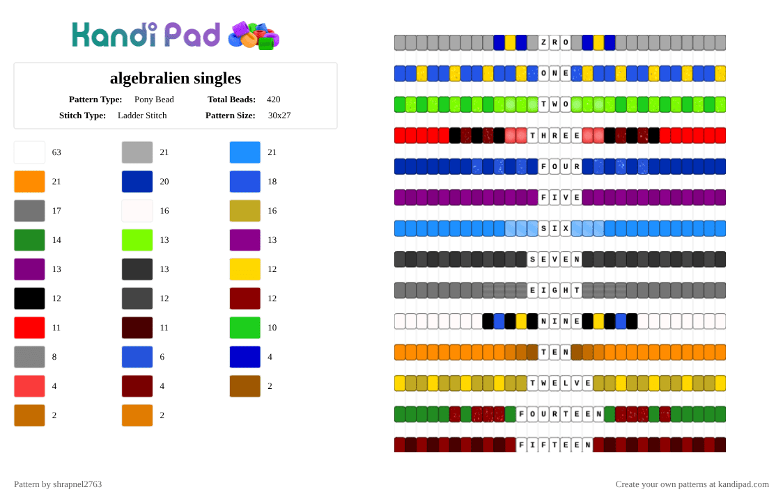 algebralien singles - Pony Bead Pattern by shrapnel2763 on Kandi Pad - purple,blue,red,light blue,orange,colorful,bfdi,bfb,tpot,algebralien,algebralian,numbers