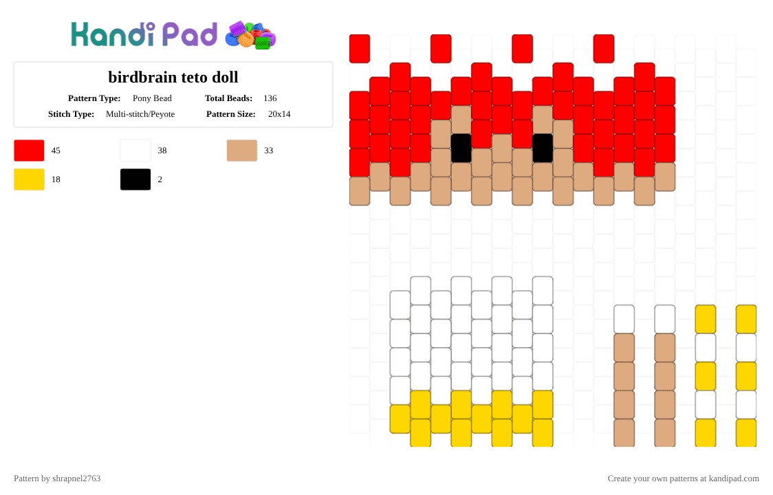 birdbrain teto doll - Pony Bead Pattern by shrapnel2763 on Kandi Pad - red,beige,doll,utau,utauloid,teto,birdbrain,kasaneteto,vsynth,vocaloid