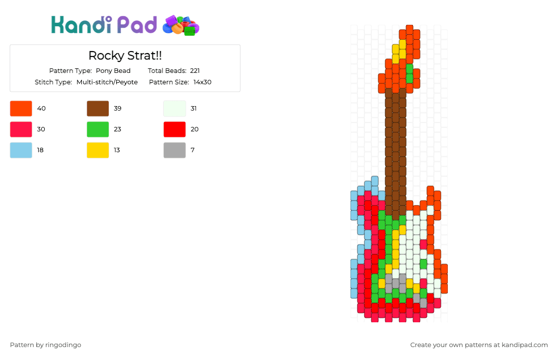 Rocky Strat!! - Pony Bead Pattern by ringodingo on Kandi Pad - beatles, charm, colorful, george, guitar, music, musician, red, rock
