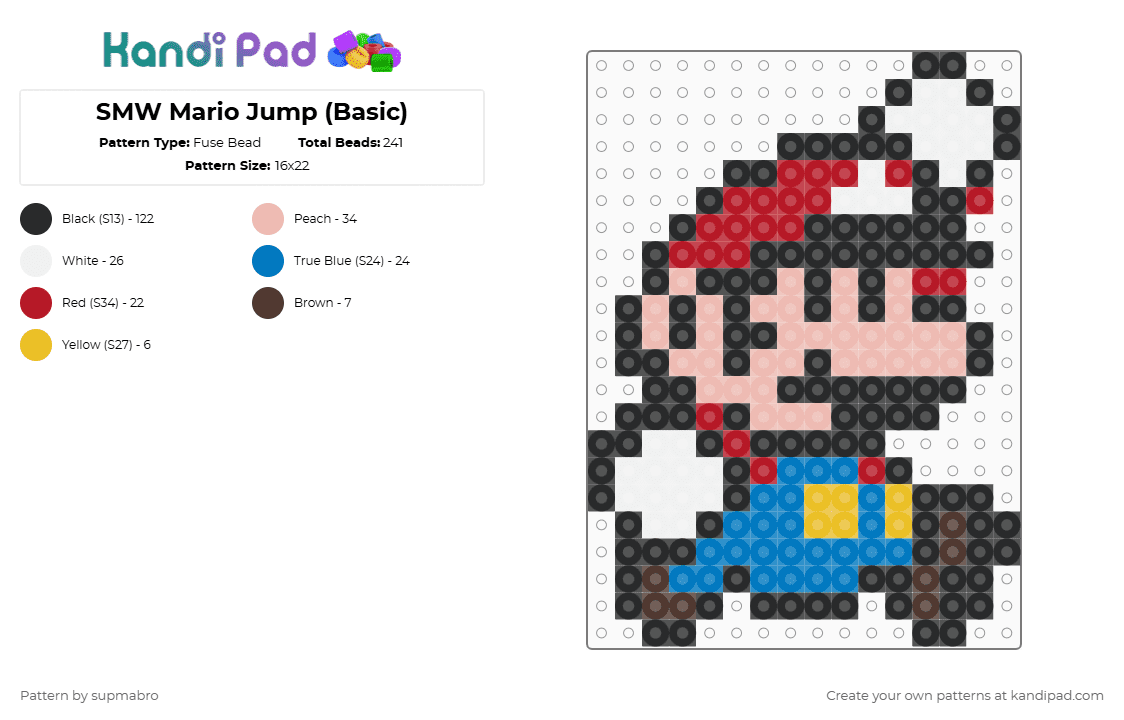 SMW Mario Jump (Basic) - Fuse Bead Pattern by supmabro on Kandi Pad - mario,character,nintendo,super mario world,video game,jump,gaming,black,blue,red,beige