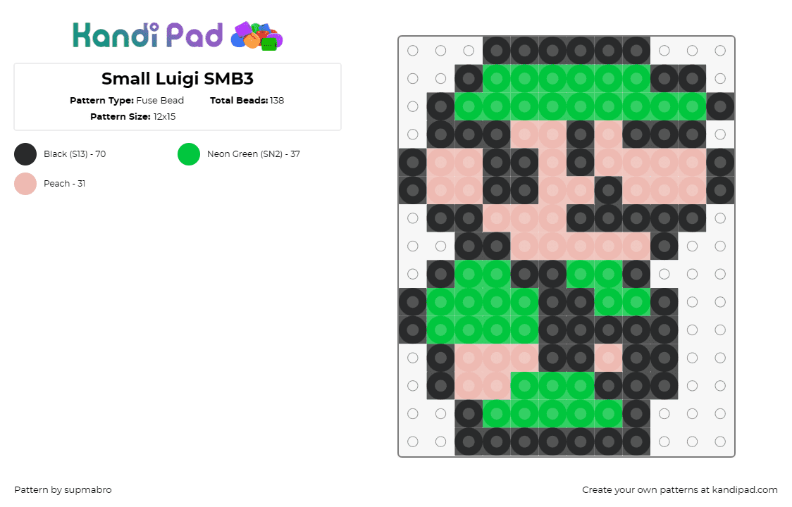 Small Luigi SMB3 - Fuse Bead Pattern by supmabro on Kandi Pad - luigi,mario,nintendo,green,video game,retro,character,plumber