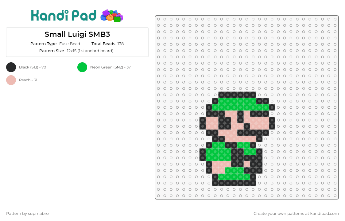 Small Luigi SMB3 - Fuse Bead Pattern by supmabro on Kandi Pad - luigi,mario,nintendo,green,video game,retro,character,plumber