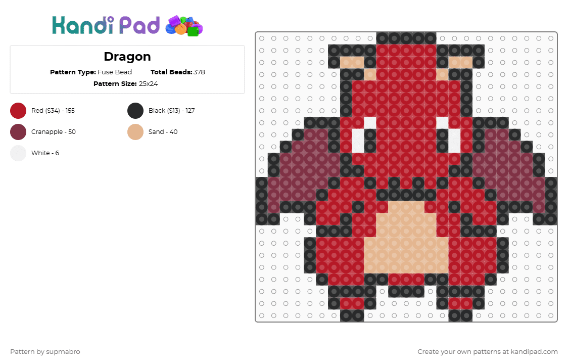 Dragon - Fuse Bead Pattern by supmabro on Kandi Pad - dragon,animal,fantasy,creature,red