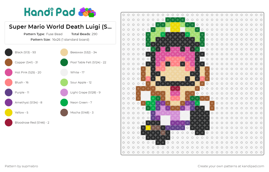 Super Mario World Death Luigi (SuperMarioMaker2) - Fuse Bead Pattern by supmabro on Kandi Pad - luigi,mario,nintendo,death,surprise,shocked,gaming,character,iconic,expression,pink,green