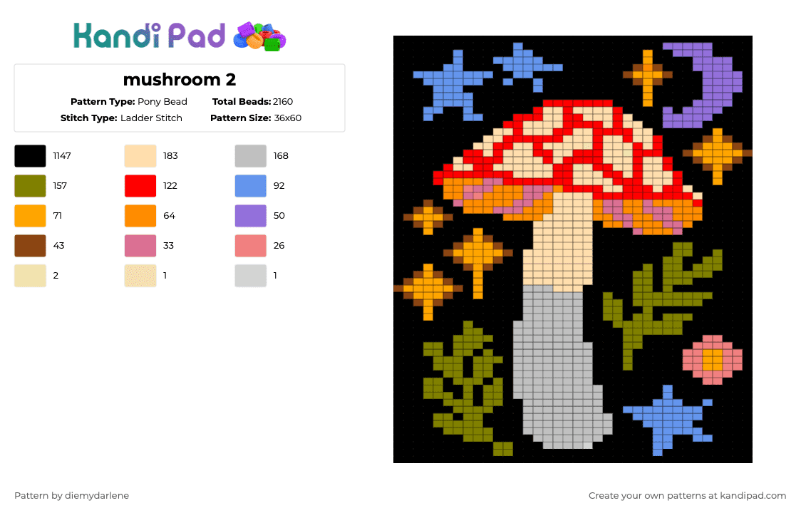 mushroom 2 - Pony Bead Pattern by diemydarlene on Kandi Pad - beige, black, colorful, gold, red