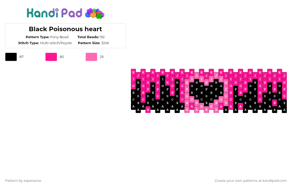 Black Poisonous heart - Pony Bead Pattern by esperance on Kandi Pad - pink,black,heart,multistitch,multistitch cuff,poison