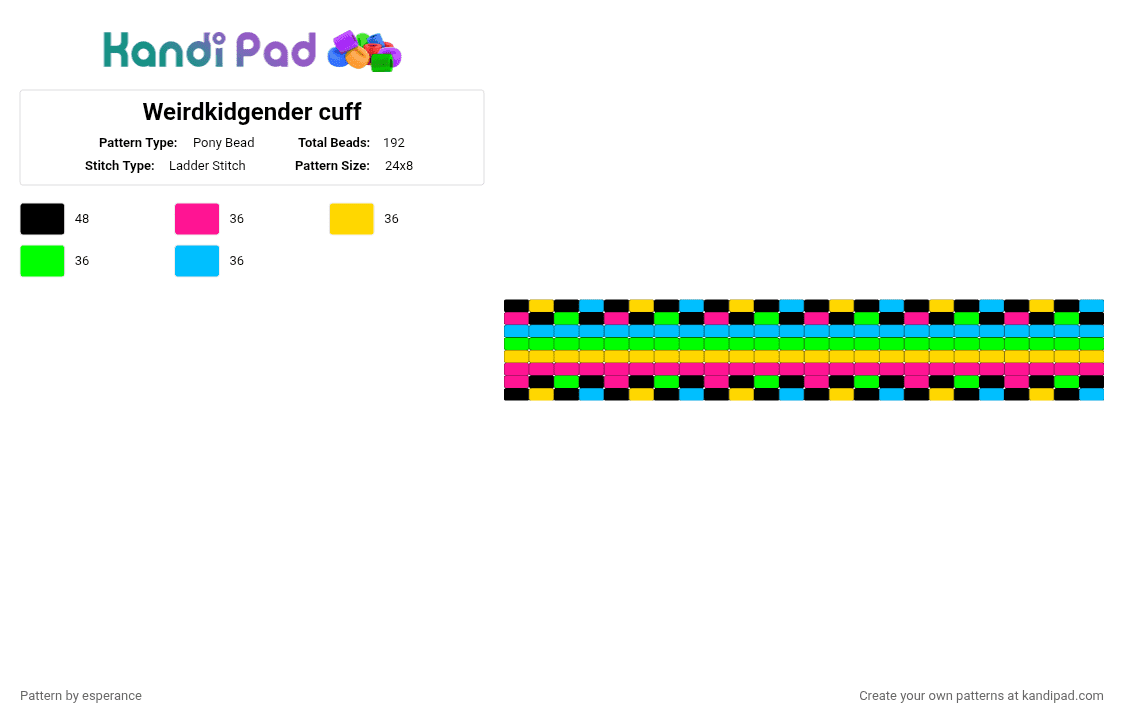 Weirdkidgender cuff - Pony Bead Pattern by esperance on Kandi Pad - pink,yellow,green,light blue