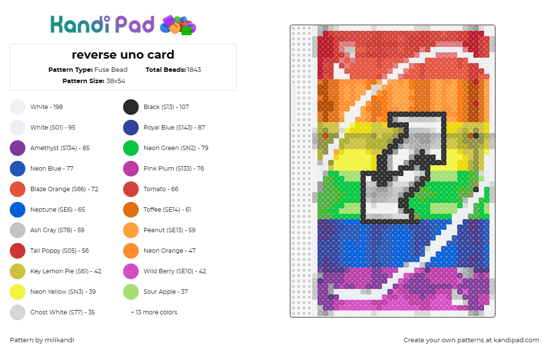 reverse uno card - Fuse Bead Pattern by milikandi on Kandi Pad - uno,reverse,card,rainbow,game,playful,vibrant,strategy,entertainment