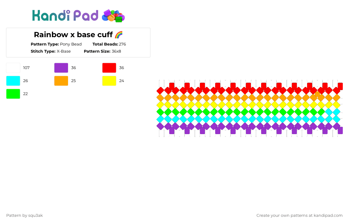 Rainbow x base cuff 🌈 - Pony Bead Pattern by squ3ak on Kandi Pad - light blue, purple, red