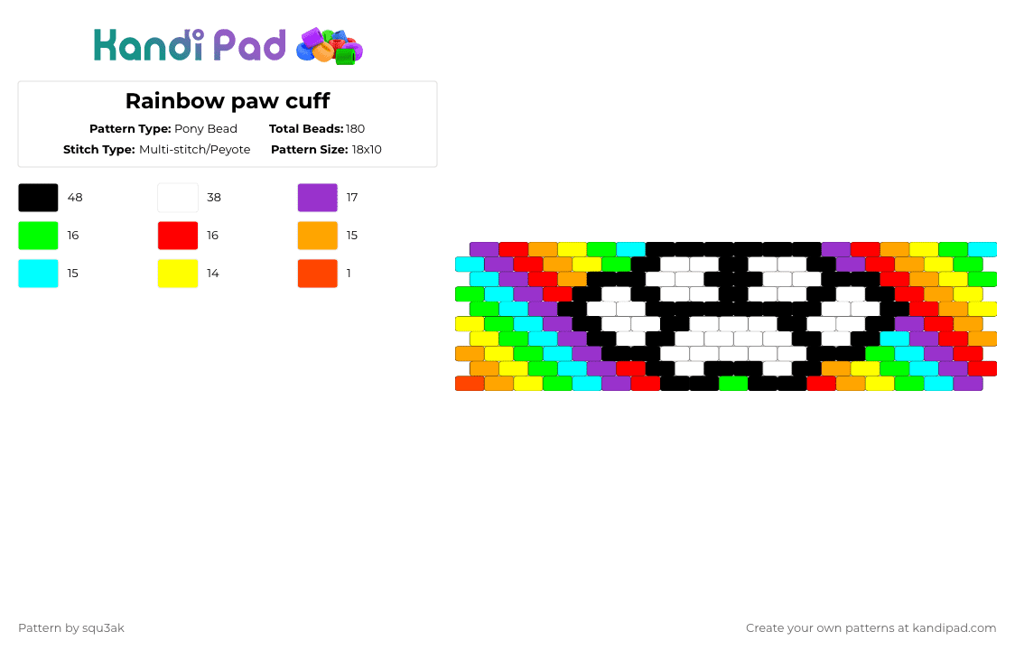 Rainbow paw cuff 🌈🐾 - Pony Bead Pattern by squ3ak on Kandi Pad - orange,light blue,colorful