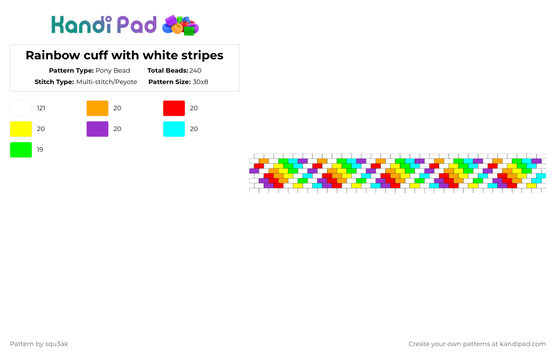 Rainbow cuff with white stripes 🌈 - Pony Bead Pattern by squ3ak on Kandi Pad - white,red,purple,light blue,colorful