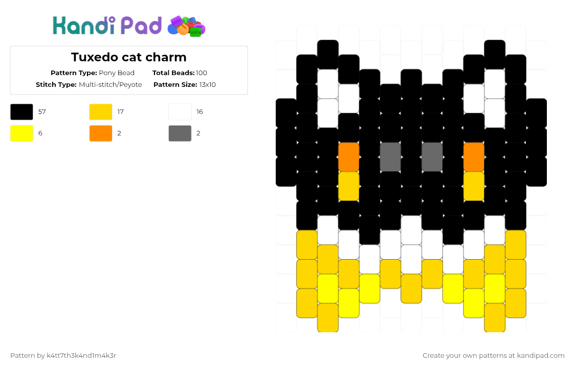 Tuxedo cat charm - Pony Bead Pattern by k4tt7th3k4nd1m4k3r on Kandi Pad - black,yellow