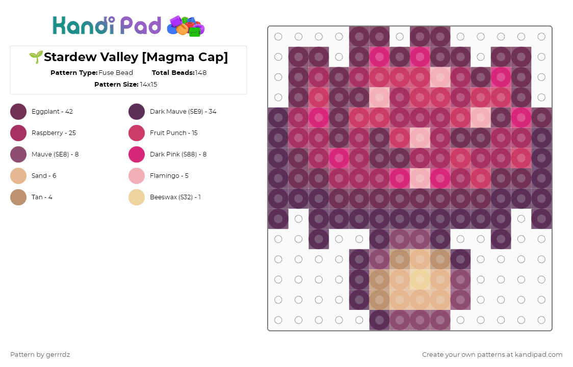 🌱Stardew Valley [Magma Cap] - Fuse Bead Pattern by gerrrdz on Kandi Pad - games, mushroom, pink, stardew valley