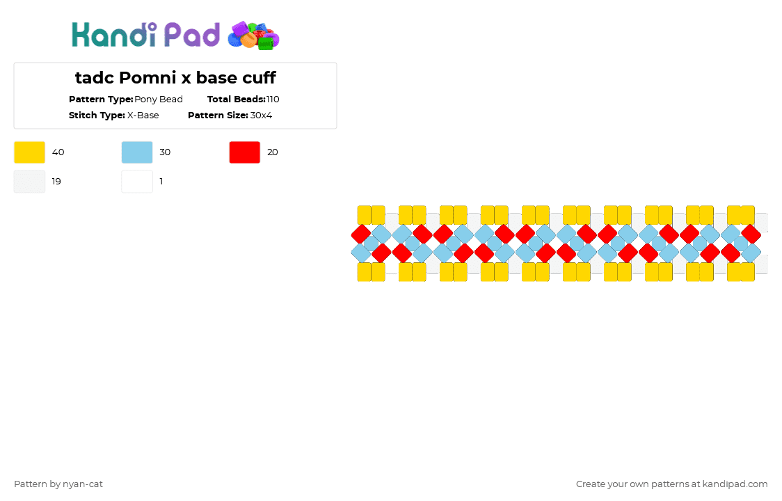 tadc Pomni x base cuff - Pony Bead Pattern by nyan-cat on Kandi Pad - yellow,light blue,pomni,funnybunny,tadc,indie show,the amazing digital circus,glitch,palm knee,x base cuff