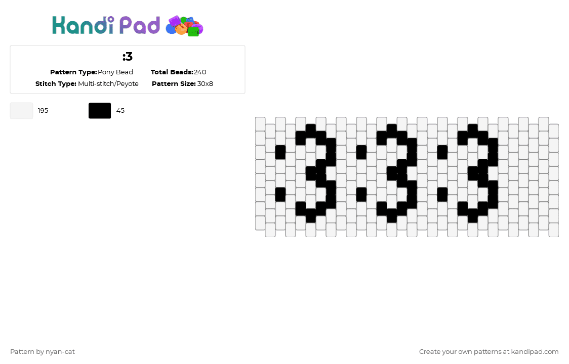:3 - Pony Bead Pattern by nyan-cat on Kandi Pad - white,cat,3,silly,kandi,sweet,cute