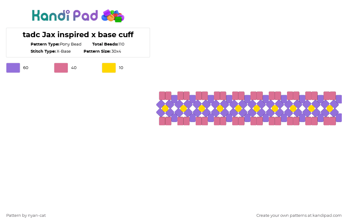 tadc Jax inspired x base cuff - Pony Bead Pattern by nyan-cat on Kandi Pad - purple,pink,jax,x cuff,tadc,funnybunny,glitch,bunny,indie show,the amazing digital circus