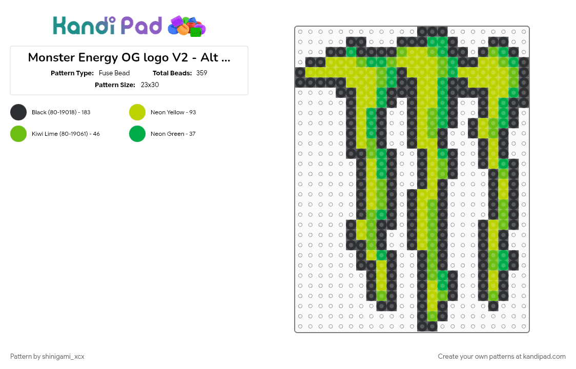 Monster Energy OG logo V2 - Alt Shading - Fuse Bead Pattern by shinigami_xcx on Kandi Pad - black, energy drink, green, logo, monster, monster energy