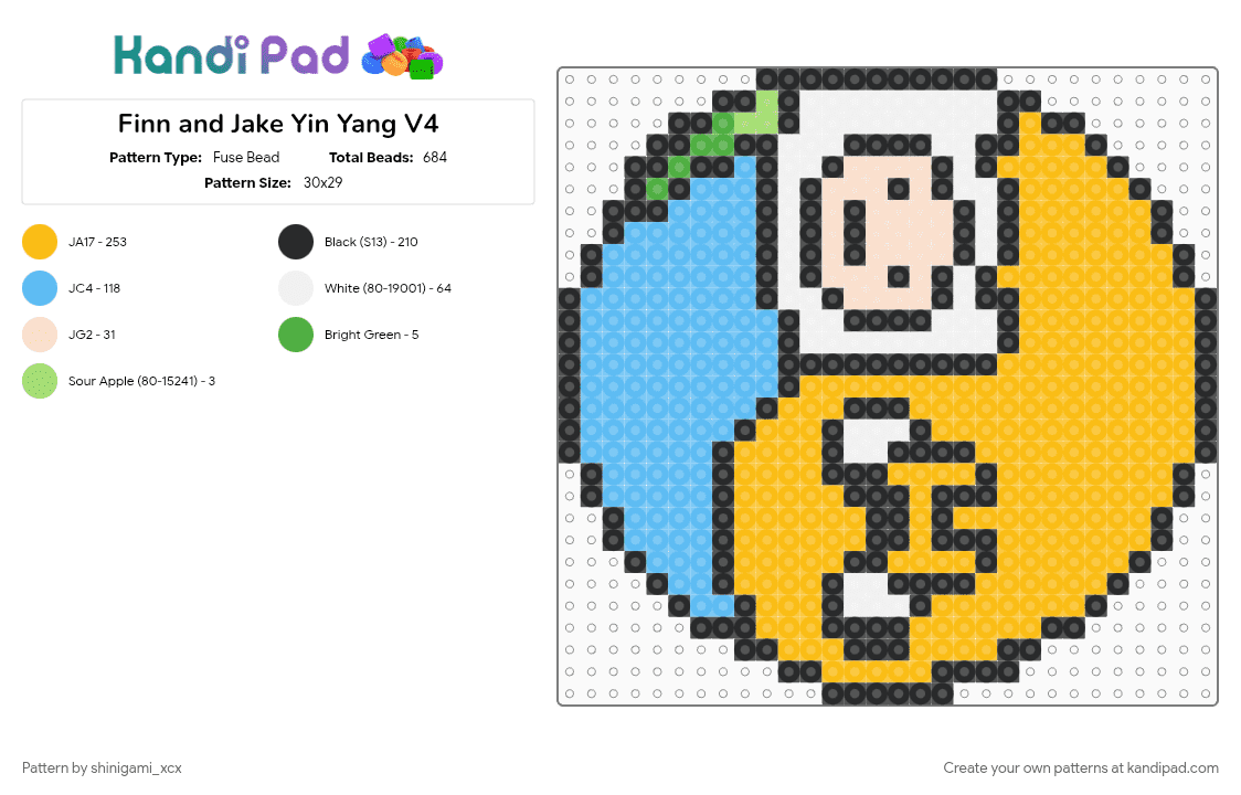 Finn and Jake Yin Yang V4 - Fuse Bead Pattern by shinigami_xcx on Kandi Pad - adventure time, finn and jake, finn the human, jake the dog, light blue, yellow, yin yang