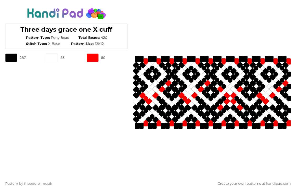 Three days grace one-X cuff - Pony Bead Pattern by theodore_musik on Kandi Pad - black,red,white,three days grace,pony bead,x base cuff