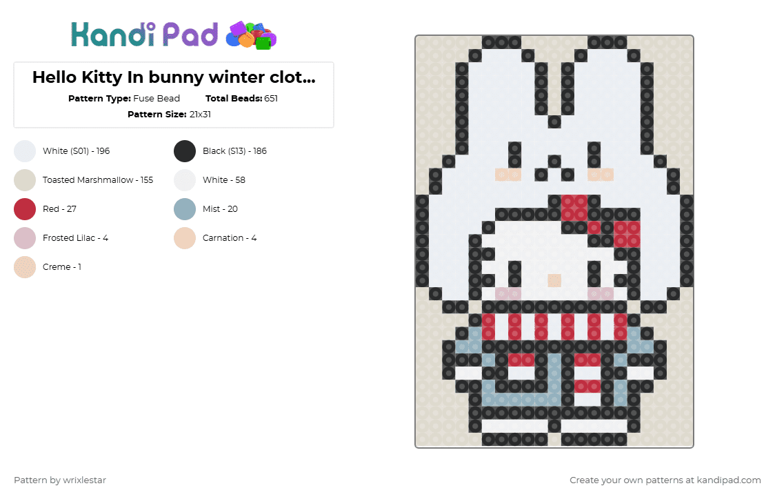 Hello Kitty In bunny winter clothes - Fuse Bead Pattern by wrixlestar on Kandi Pad - white,beige