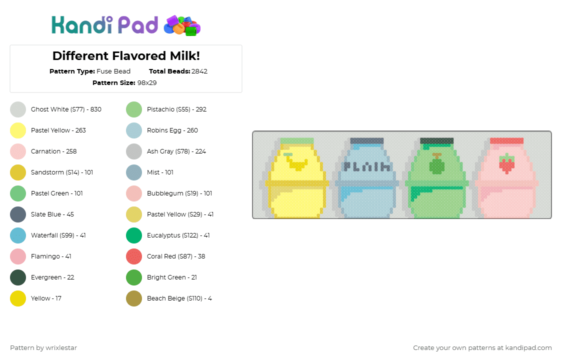 Different Flavored Milk - Fuse Bead Pattern by wrixlestar on Kandi Pad - yellow,teal,light blue,beige