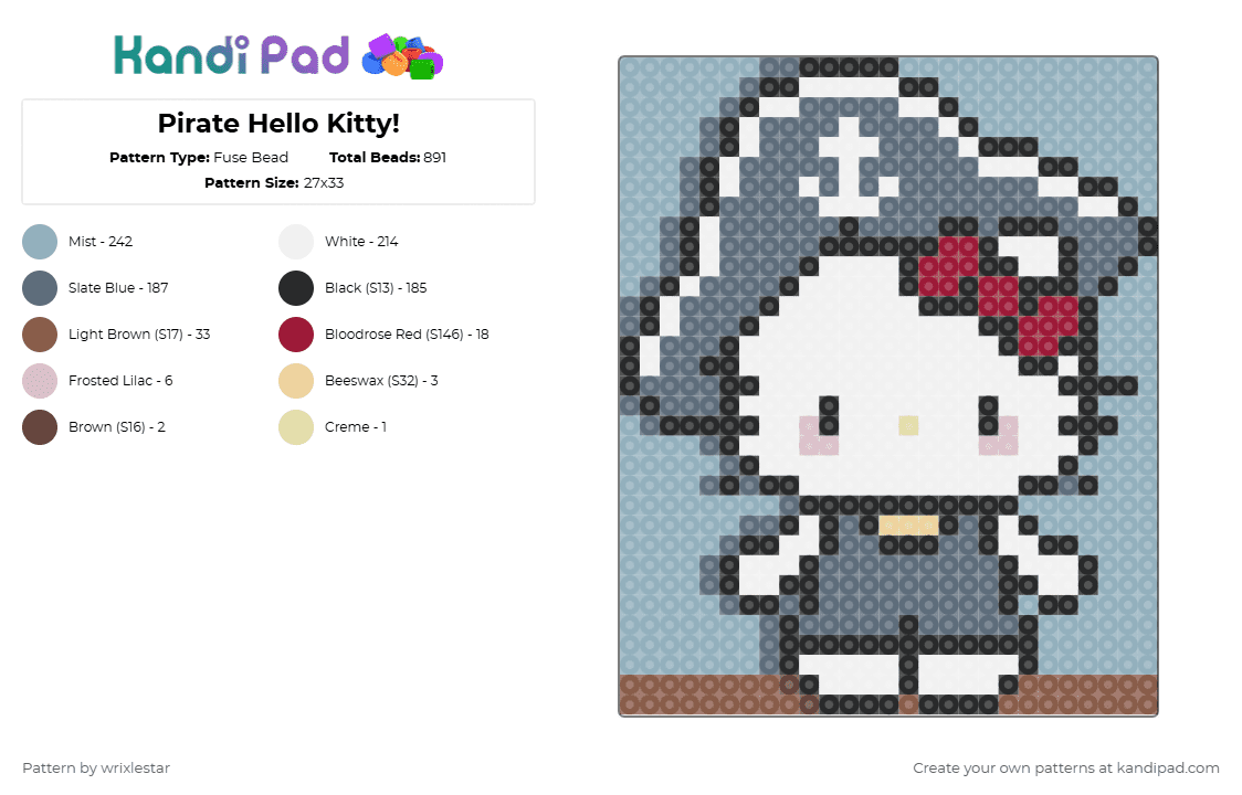 Pirate Hello Kitty - Fuse Bead Pattern by deleted_user_136536 on Kandi Pad - gray,light blue