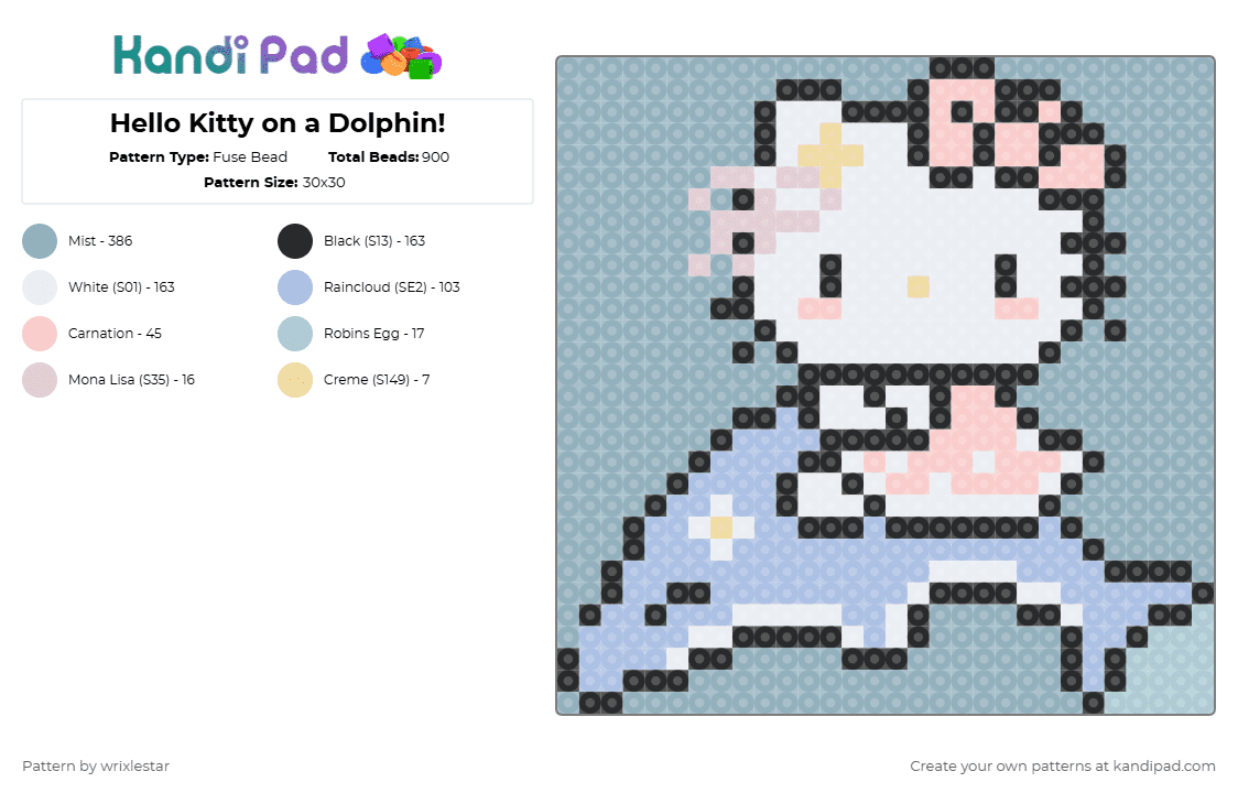 Hello Kitty on a Dolphin - Fuse Bead Pattern by deleted_user_136536 on Kandi Pad - light blue