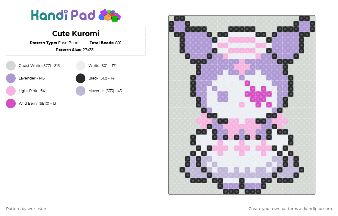 Kuromi - Fuse Bead Pattern by deleted_user_136536 on Kandi Pad - pink,white