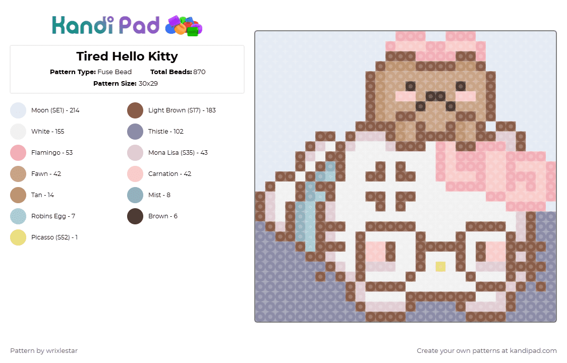 Tired Hello Kitty - Fuse Bead Pattern by wrixlestar on Kandi Pad - white,tan,beige,gray