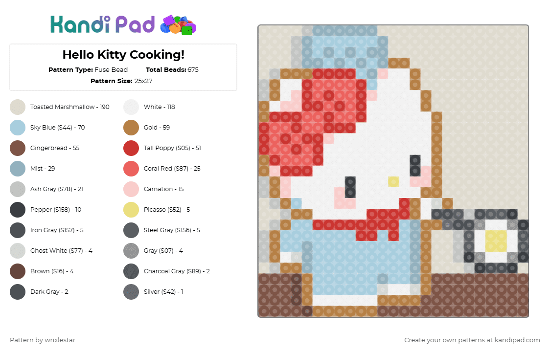 Hello Kitty Cooking - Fuse Bead Pattern by wrixlestar on Kandi Pad - beige,light blue,tan,red