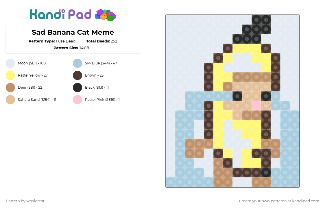 Sad Banana Cat Meme - Fuse Bead Pattern by deleted_user_136536 on Kandi Pad - white,yellow,light blue,colorful