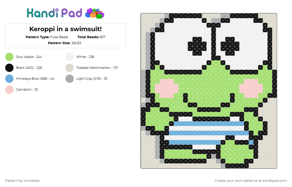 Keroppi in a swimsuit - Fuse Bead Pattern by deleted_user_136536 on Kandi Pad - beige,green