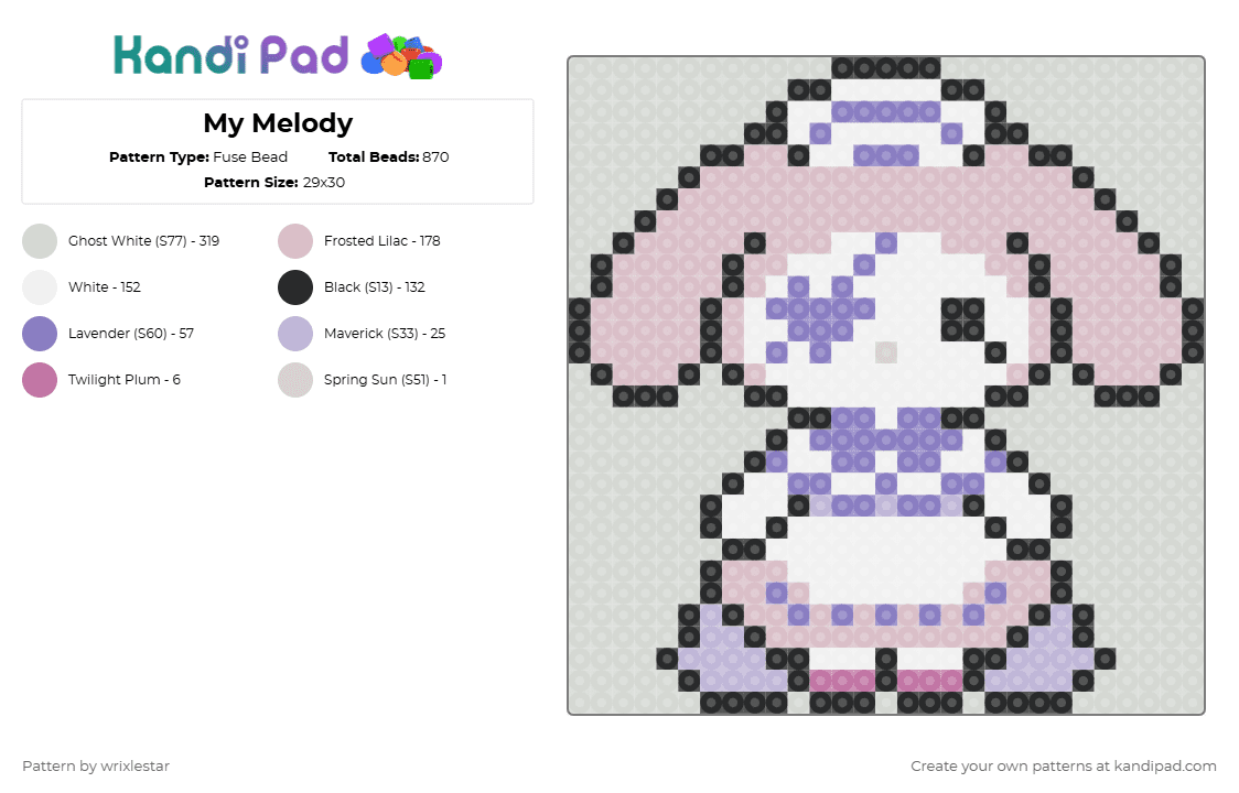 My Melody - Fuse Bead Pattern by deleted_user_136536 on Kandi Pad - white,beige,pink