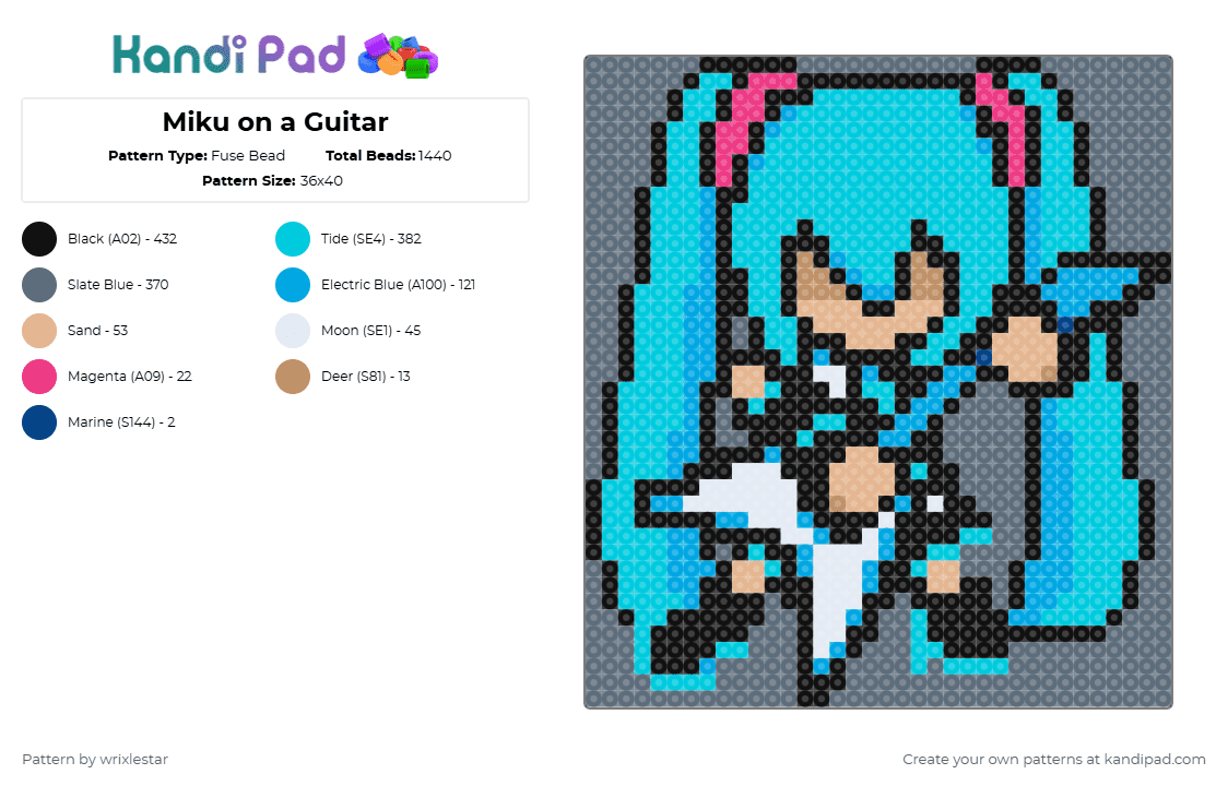 Miku on a Guitar - Fuse Bead Pattern by wrixlestar on Kandi Pad - light blue,gray