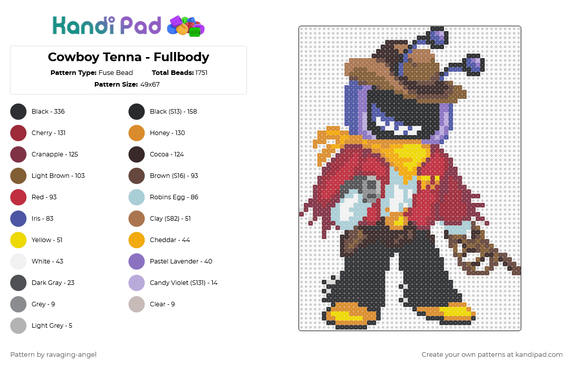 Cowboy Tenna - Fullbody - Fuse Bead Pattern by ravaging-angel on Kandi Pad - brown,tan,orange,red,tenna,deltarune,mr ant tenna,cowboy,utdr,undertale,toby fox
