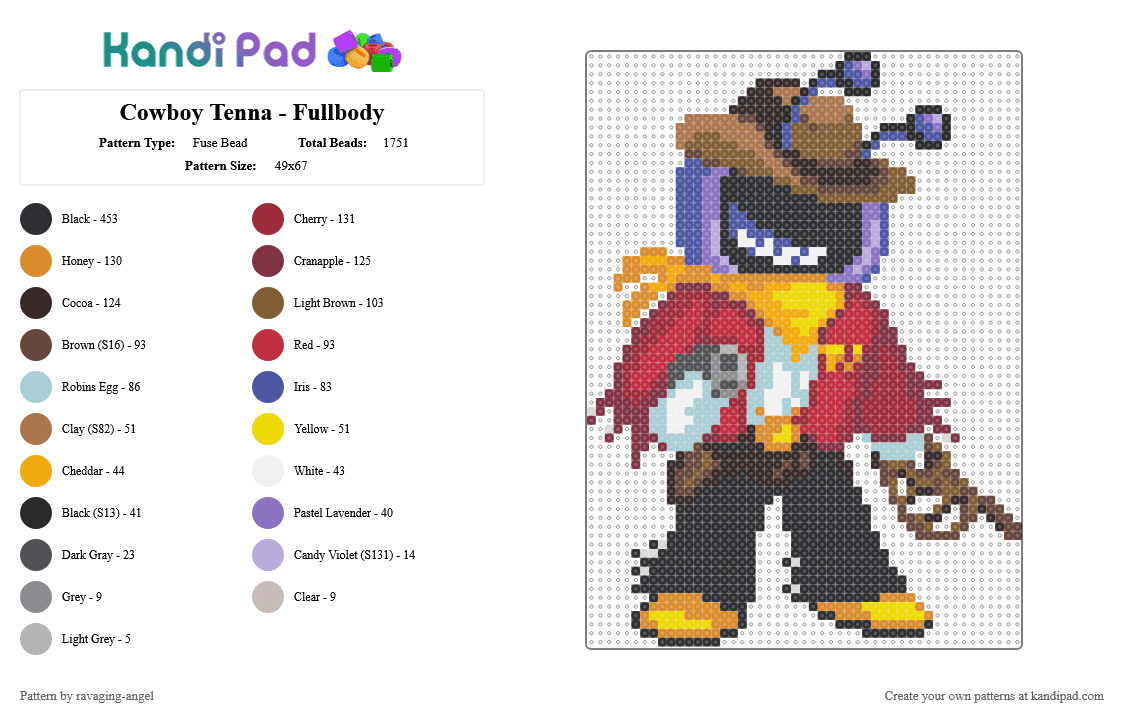 Cowboy Tenna - Fullbody - Fuse Bead Pattern by ravaging-angel on Kandi Pad - brown, cowboy, deltarune, mr ant tenna, orange, red, tan, tenna, toby fox, undertale, utdr