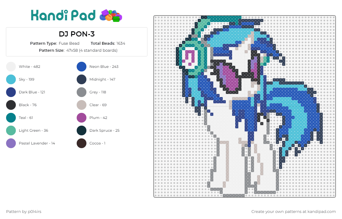DJ PON-3 - Fuse Bead Pattern by p0l4irs on Kandi Pad - dj pon3,my little pony,dj,vibrant,mane,sunglasses,magical,charm,show,character,blue,white