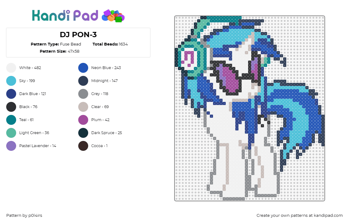 DJ PON-3 - Fuse Bead Pattern by p0l4irs on Kandi Pad - dj pon3,my little pony,dj,vibrant,mane,sunglasses,magical,show,character,blue,wh