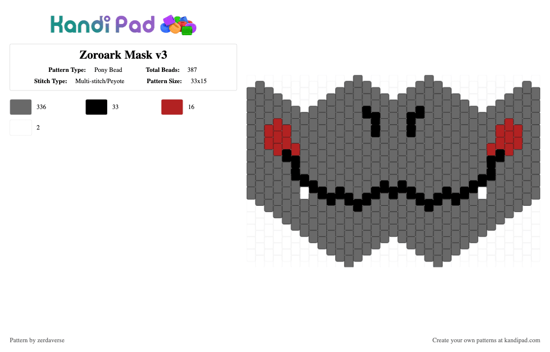 Zoroark Mask v3 - Pony Bead Pattern by zerdaverse on Kandi Pad - gray