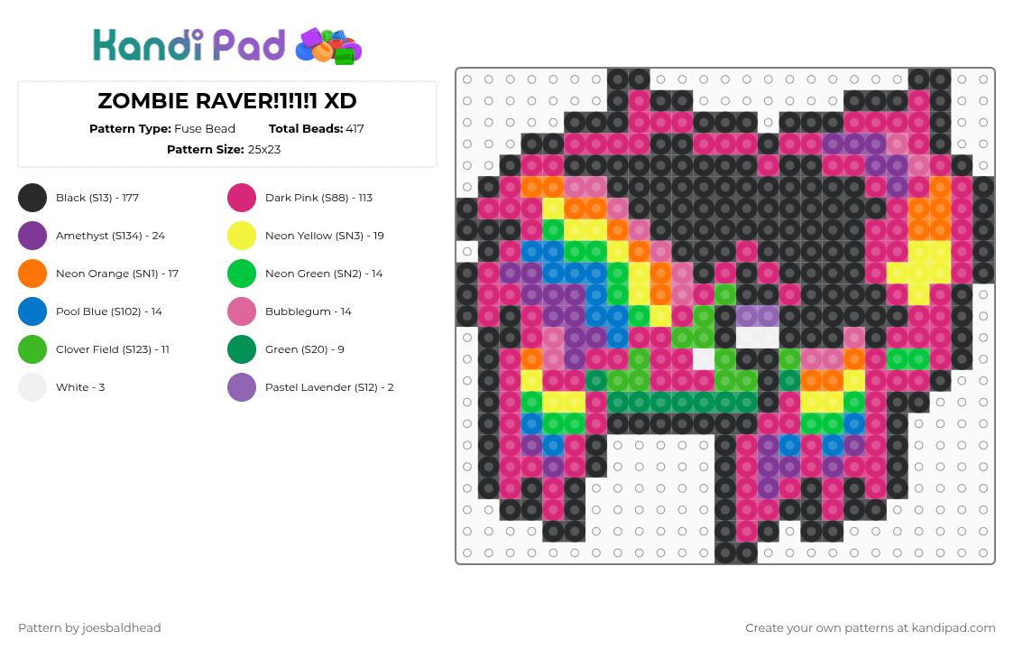 ZOMBIE RAVER!1!1!1 XD - Fuse Bead Pattern by joesbaldhead on Kandi Pad - pink
