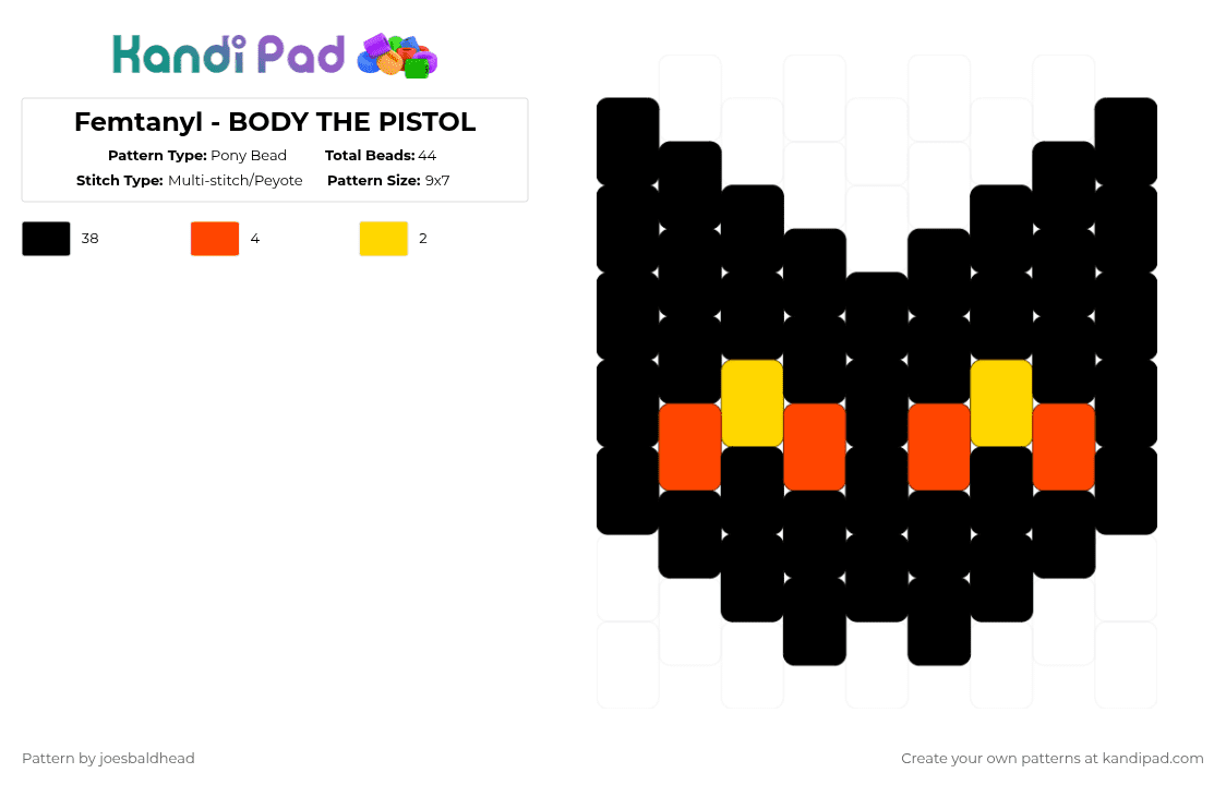 Femtanyl - BODY THE PISTOL - Pony Bead Pattern by joesbaldhead on Kandi Pad - black,red,yellow