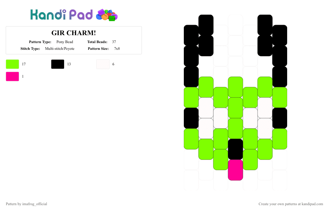 GIR CHARM! - Pony Bead Pattern by imafrog_official on Kandi Pad - green,gir,invaderzim,cartoon