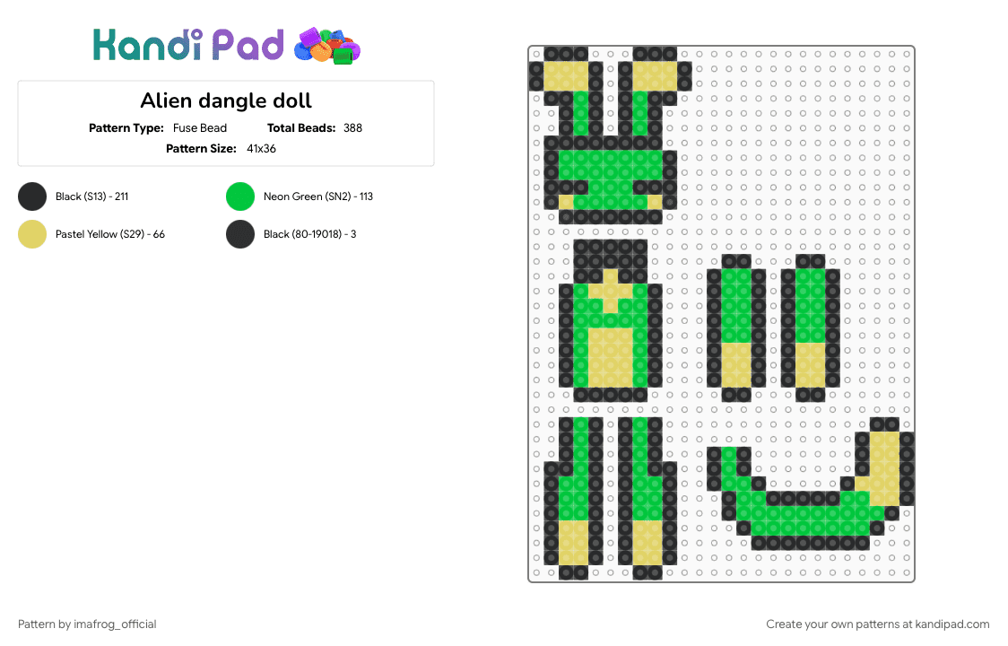 Alien dangle doll - Fuse Bead Pattern by imafrog_official on Kandi Pad - 3d, alien, dangle, doll, green, idkwhattoputhere, space, yellow