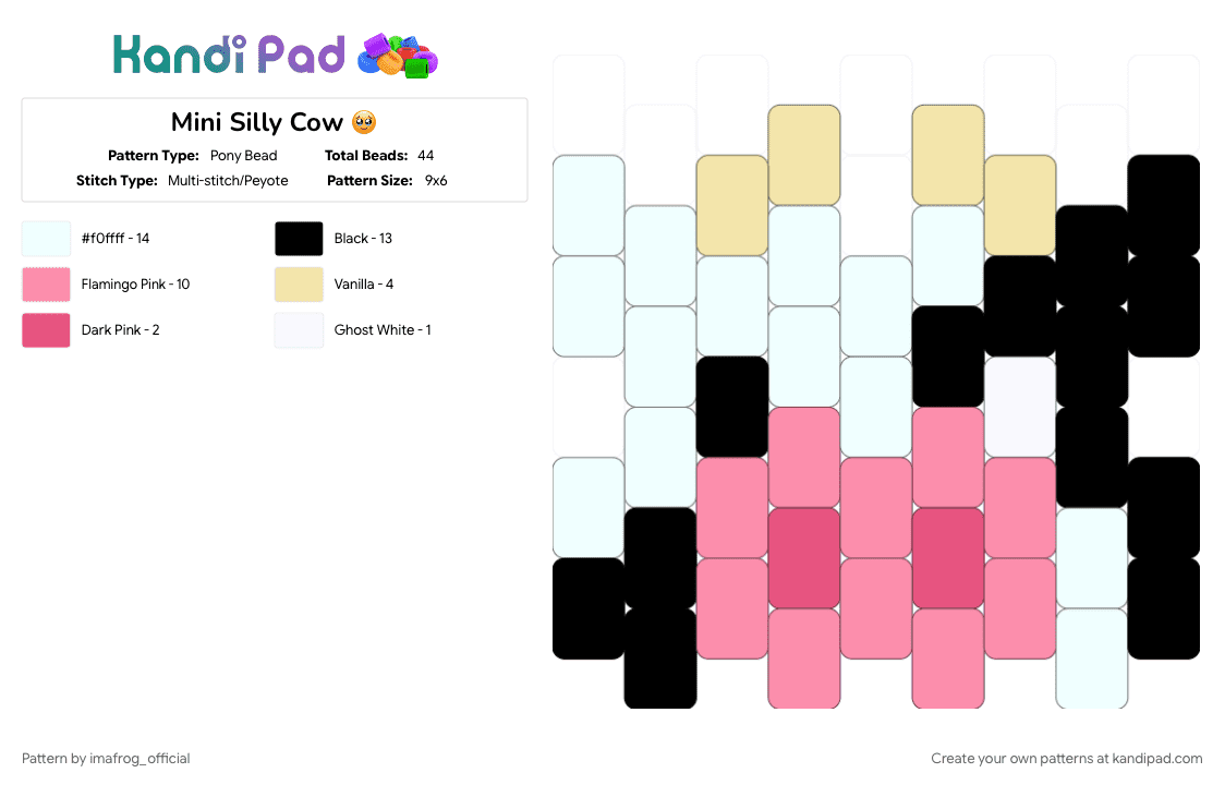 Mini Silly Cow 🥹 - Pony Bead Pattern by imafrog_official on Kandi Pad - animal, cow, farm, mammal, milk, pink