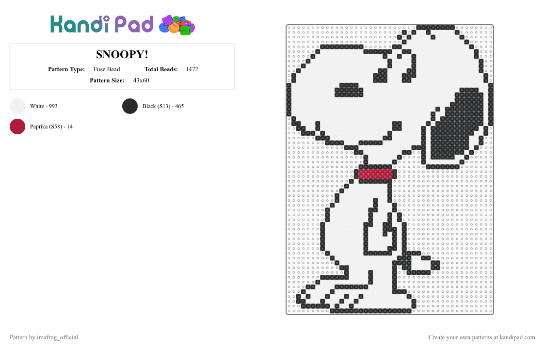 SNOOPY! - Fuse Bead Pattern by imafrog_official on Kandi Pad - white,snoopy,cartoon,dog,thepeanuts,charliebrown,beagle